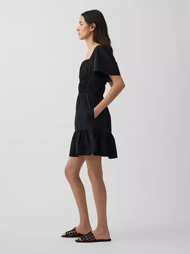 Poplin Dalgalı Kollu Mini Elbise