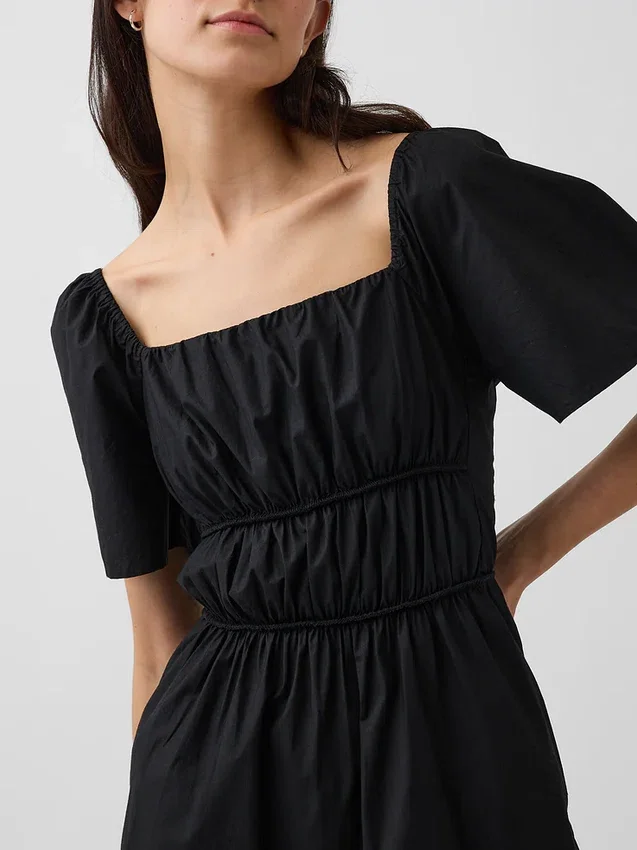 Poplin Dalgalı Kollu Mini Elbise