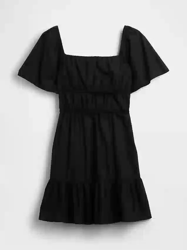 Poplin Dalgalı Kollu Mini Elbise