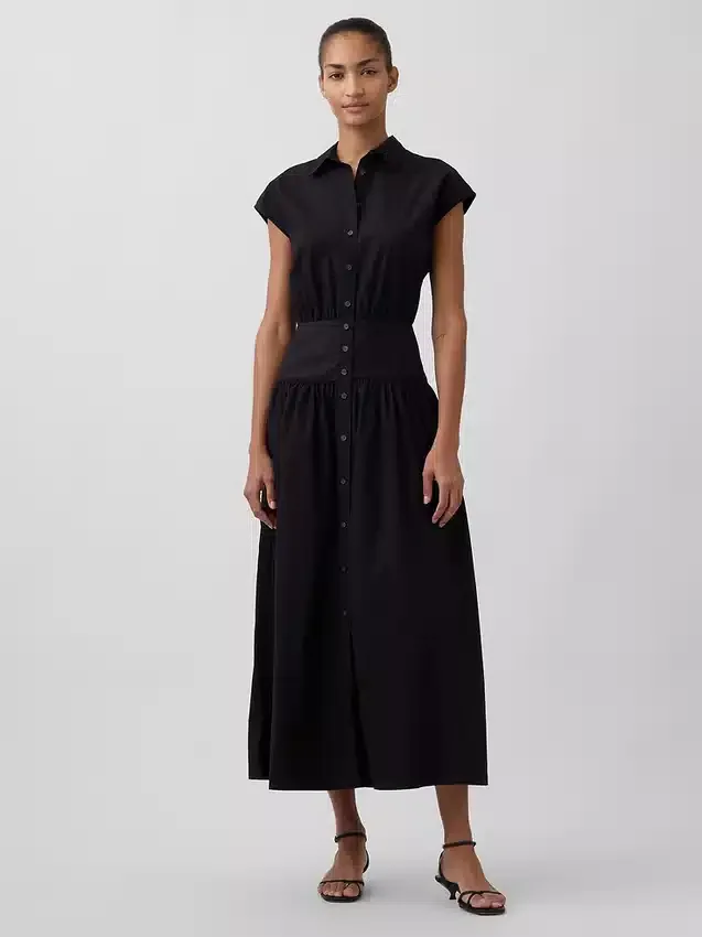 Poplin Düşük Bel Maxi Gömlek Elbise