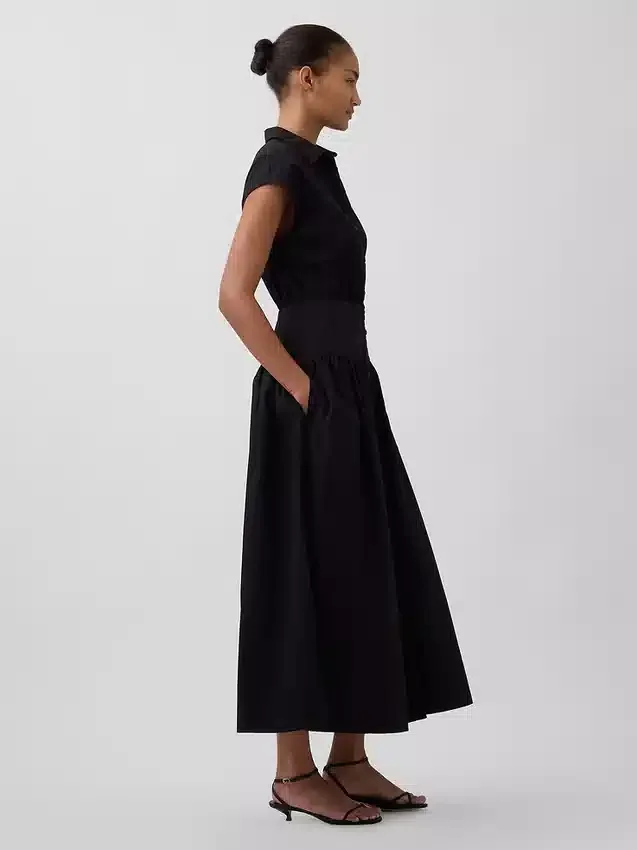Poplin Düşük Bel Maxi Gömlek Elbise