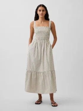 Poplin Smoklu Üst Kısımlı Maxi Elbise