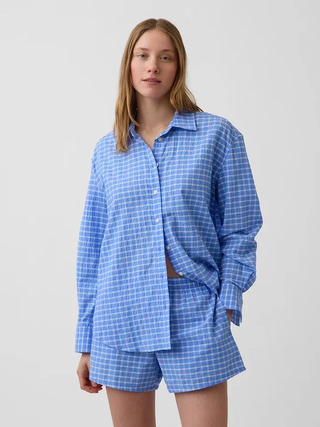 Seersucker Kareli Oversized Gömlek