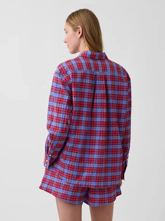 Seersucker Kareli Oversized Gömlek