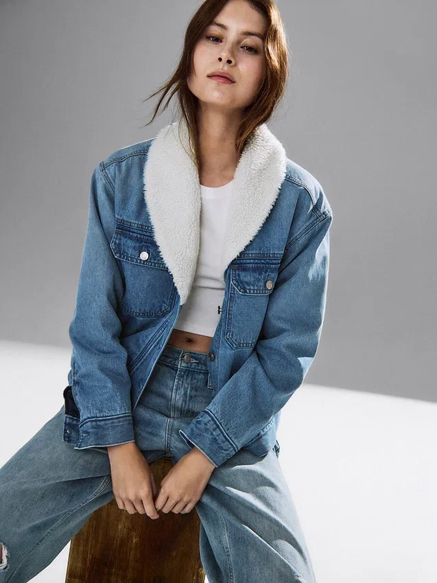 Sherpa Astarlı Şal Yakalı Denim Ceket