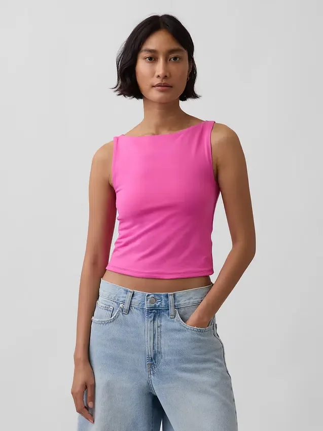 Sıkı Örgü Jersey Tekne Yaka Kısa Tank Top