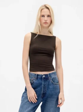 Sıkı Örgü Jersey Tekne Yaka Kısa Tank Top