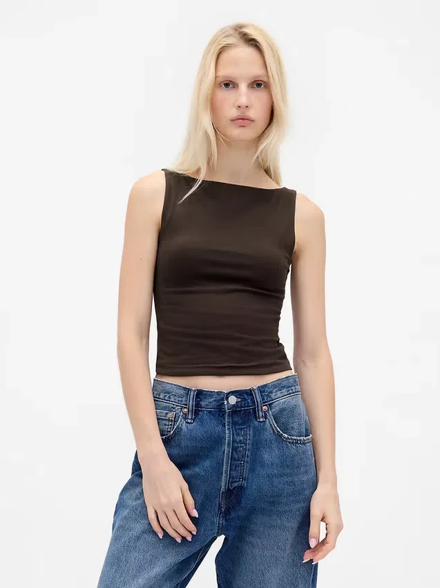 Sıkı Örgü Jersey Tekne Yaka Kısa Tank Top