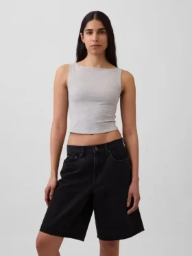 Sıkı Örgü Jersey Tekne Yaka Kısa Tank Top