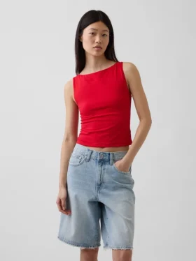 Sıkı Örgü Jersey Tekne Yaka Kısa Tank Top