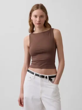 Sıkı Örgü Jersey Tekne Yaka Kısa Tank Top