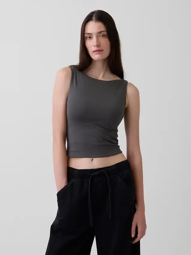 Sıkı Örgü Jersey Tekne Yaka Kısa Tank Top