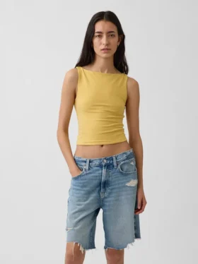 Sıkı Örgü Jersey Tekne Yaka Kısa Tank Top