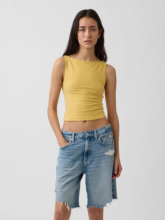 Sıkı Örgü Jersey Tekne Yaka Kısa Tank Top