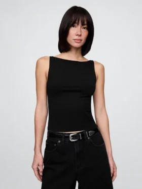 Sıkı Örgü Jersey Tekne Yaka Kısa Tank Top