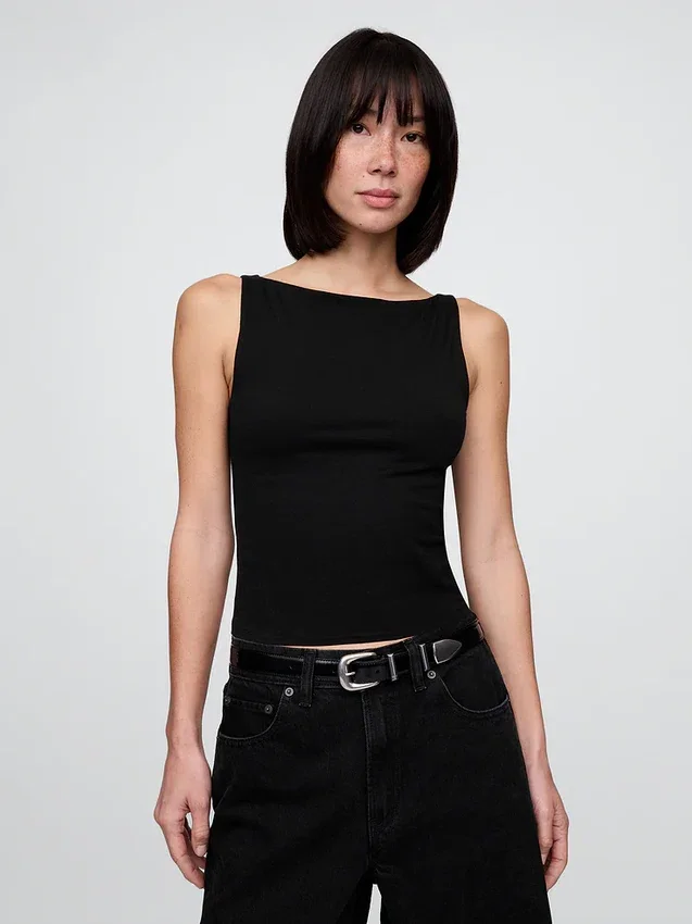 Sıkı Örgü Jersey Tekne Yaka Kısa Tank Top