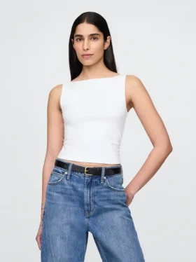 Sıkı Örgü Jersey Tekne Yaka Kısa Tank Top