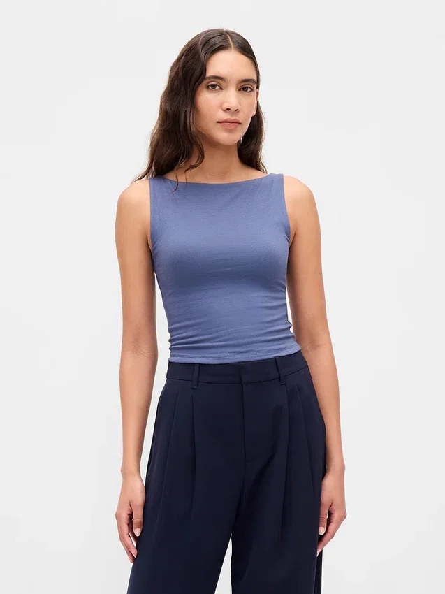 Sıkı Örgü Jersey Tekne Yaka Kısa Tank Top