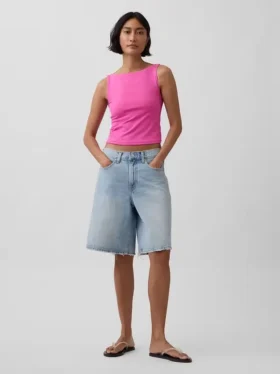 Sıkı Örgü Jersey Tekne Yaka Kısa Tank Top