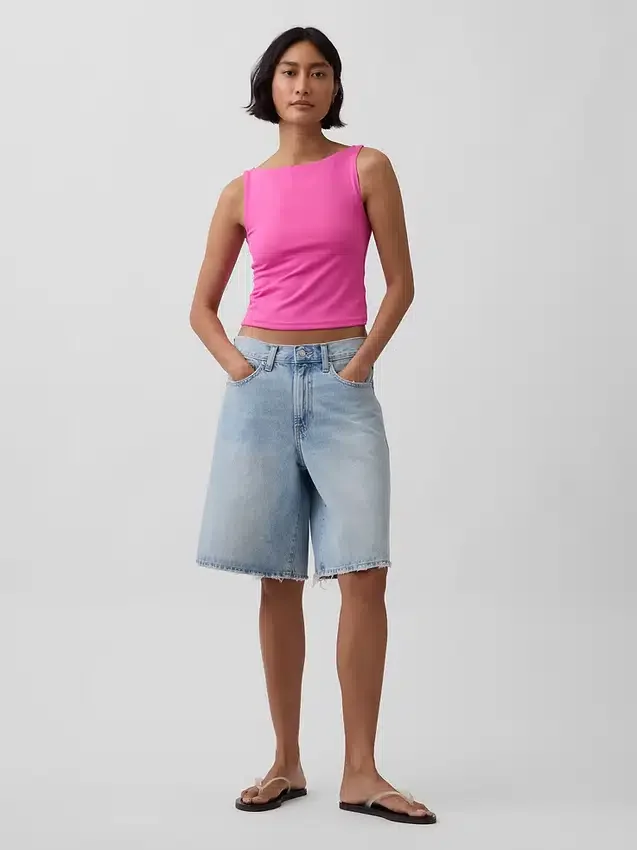 Sıkı Örgü Jersey Tekne Yaka Kısa Tank Top