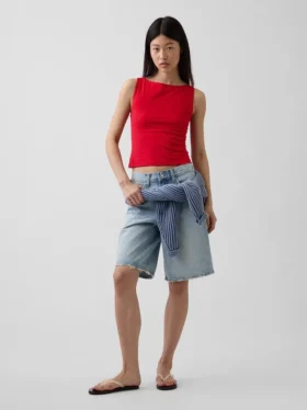 Sıkı Örgü Jersey Tekne Yaka Kısa Tank Top