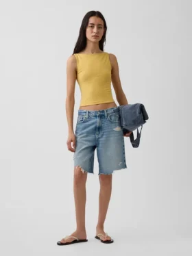 Sıkı Örgü Jersey Tekne Yaka Kısa Tank Top