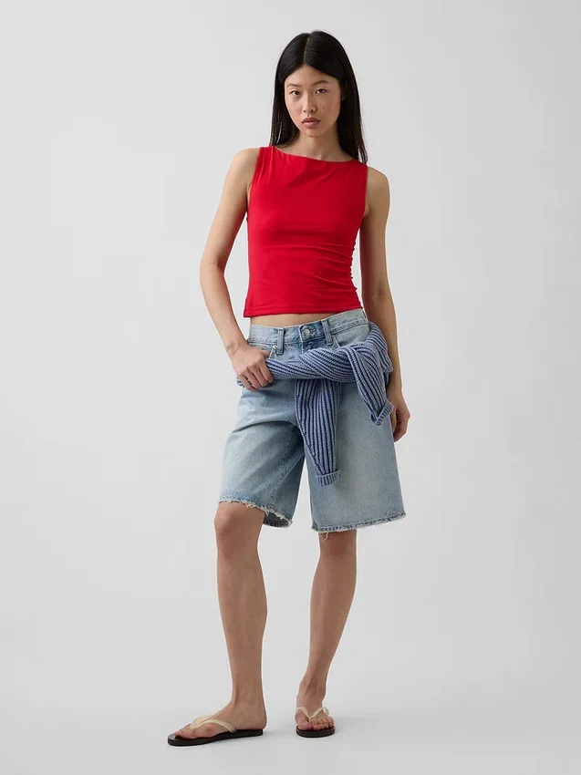 Sıkı Örgü Jersey Tekne Yaka Kısa Tank Top