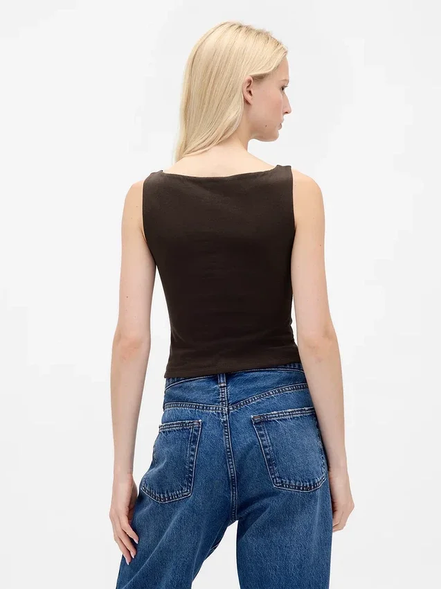 Sıkı Örgü Jersey Tekne Yaka Kısa Tank Top