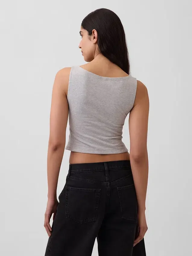 Sıkı Örgü Jersey Tekne Yaka Kısa Tank Top