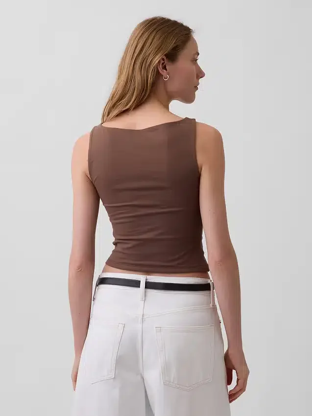 Sıkı Örgü Jersey Tekne Yaka Kısa Tank Top