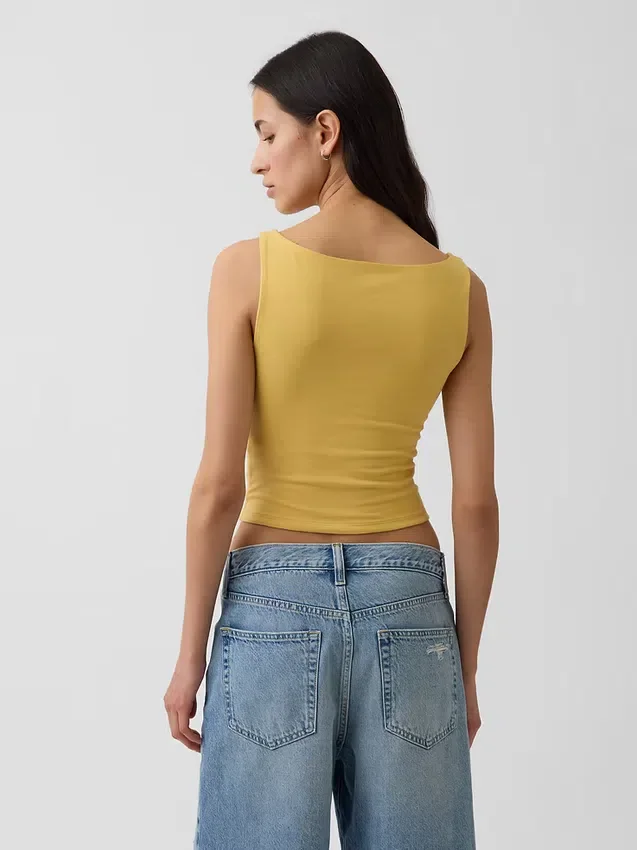 Sıkı Örgü Jersey Tekne Yaka Kısa Tank Top