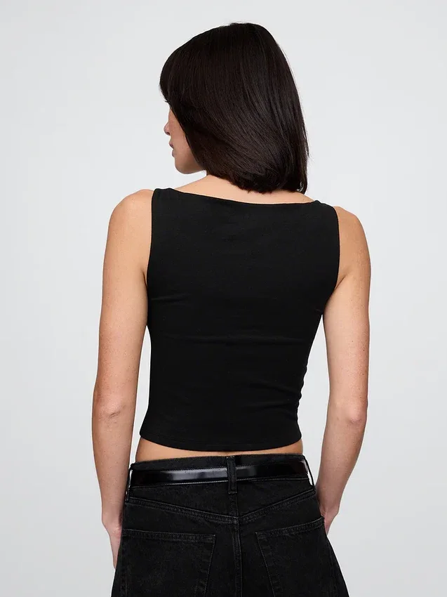 Sıkı Örgü Jersey Tekne Yaka Kısa Tank Top