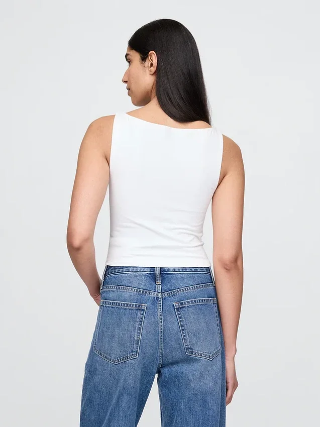 Sıkı Örgü Jersey Tekne Yaka Kısa Tank Top