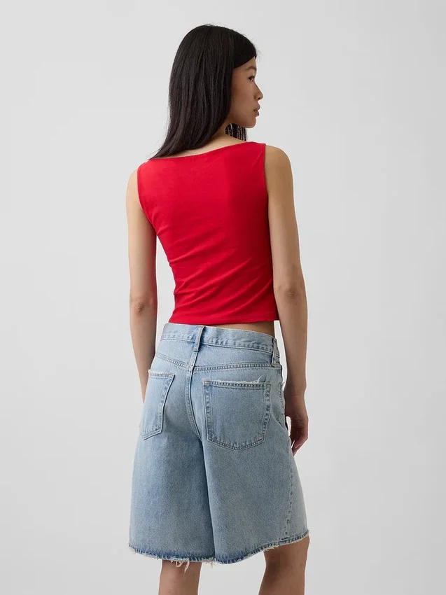 Sıkı Örgü Jersey Tekne Yaka Kısa Tank Top