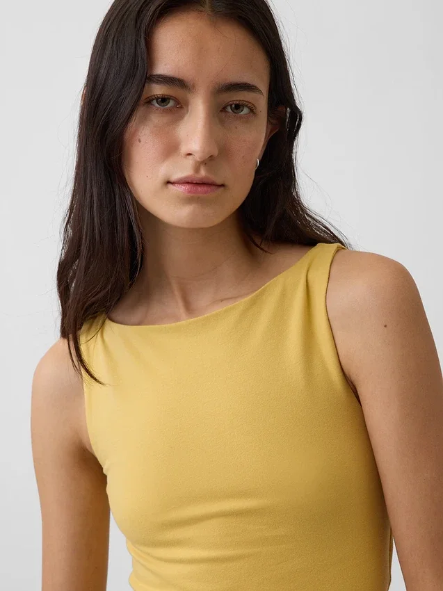 Sıkı Örgü Jersey Tekne Yaka Kısa Tank Top