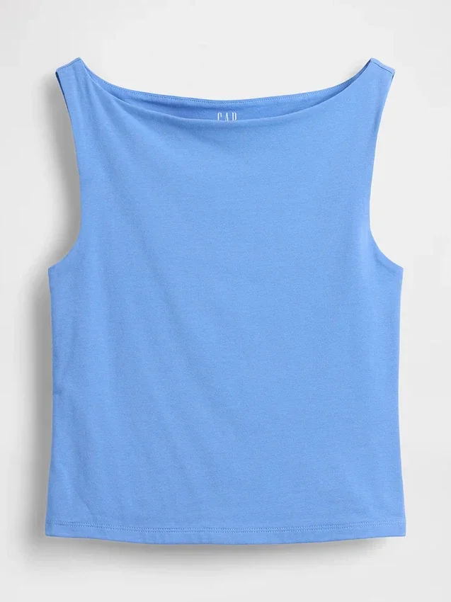 Sıkı Örgü Jersey Tekne Yaka Kısa Tank Top