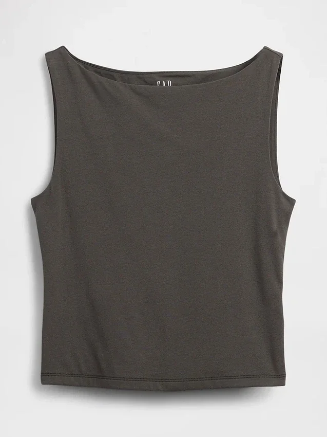 Sıkı Örgü Jersey Tekne Yaka Kısa Tank Top