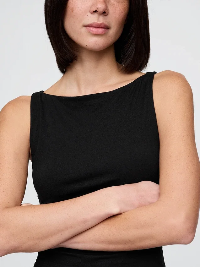 Sıkı Örgü Jersey Tekne Yaka Kısa Tank Top