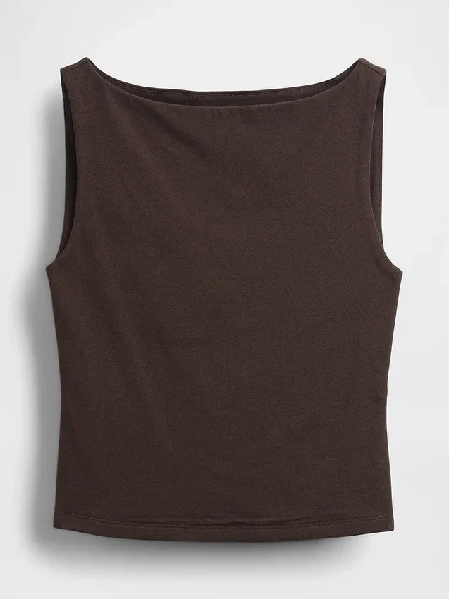 Sıkı Örgü Jersey Tekne Yaka Kısa Tank Top
