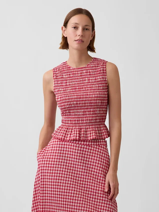 Smoklu Gingham Kısa Peplum Üst