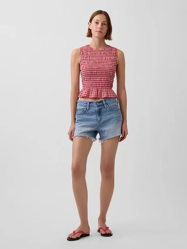 Smoklu Gingham Kısa Peplum Üst
