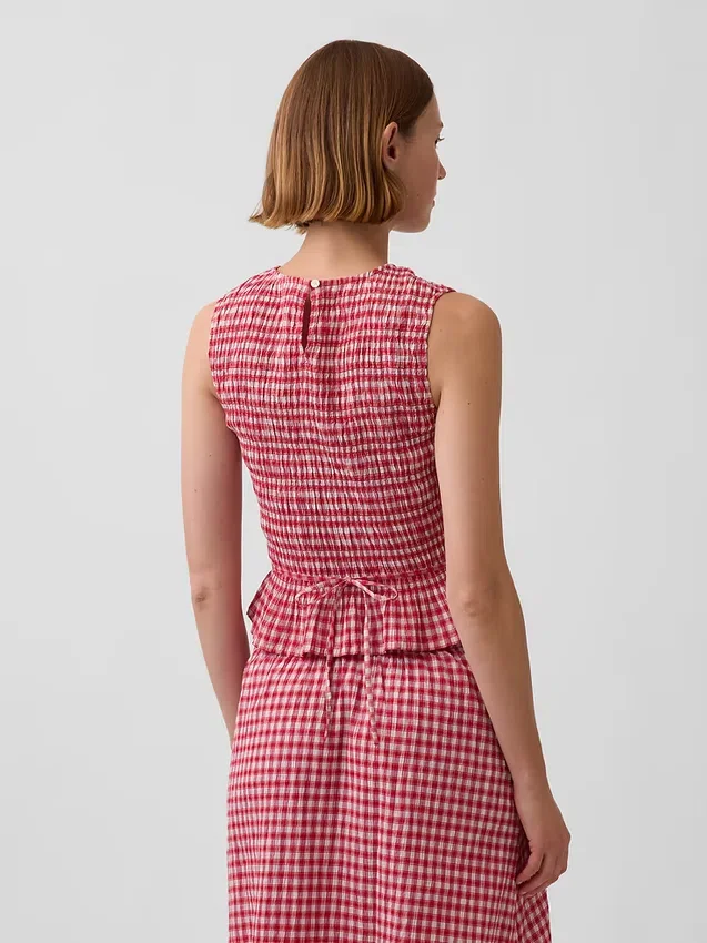Smoklu Gingham Kısa Peplum Üst