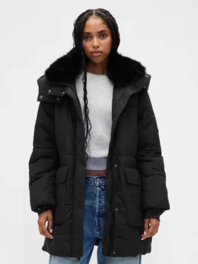 Suni Kürk Süslemeli Midi Puffer Ceket