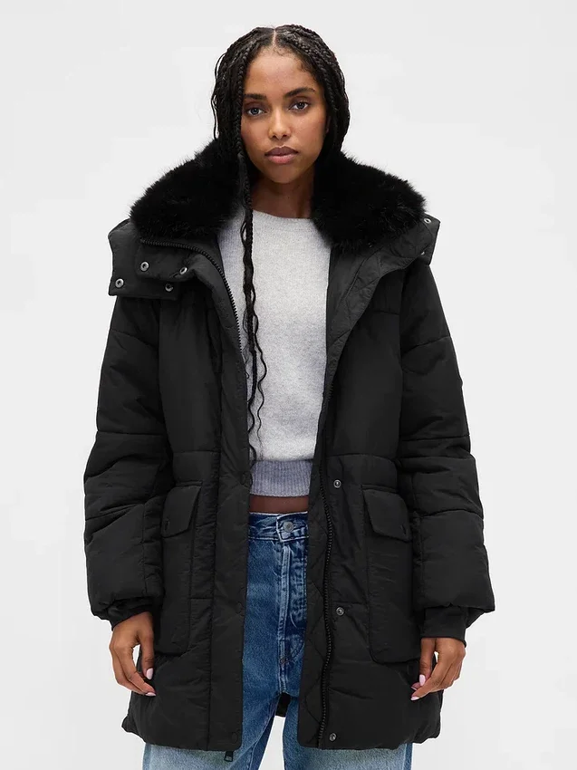 Suni Kürk Süslemeli Midi Puffer Ceket