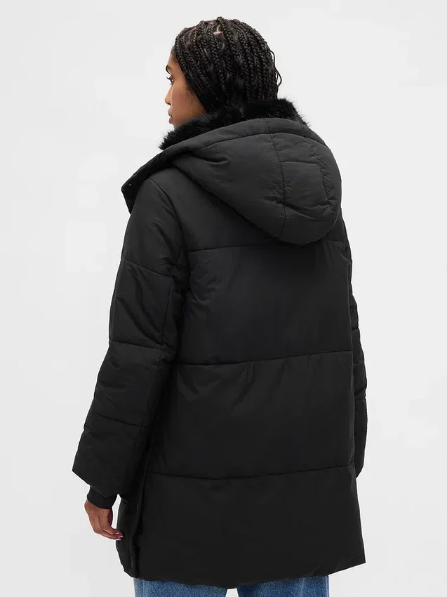Suni Kürk Süslemeli Midi Puffer Ceket