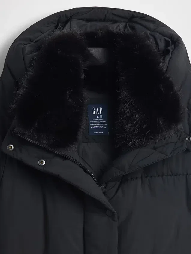 Suni Kürk Süslemeli Midi Puffer Ceket