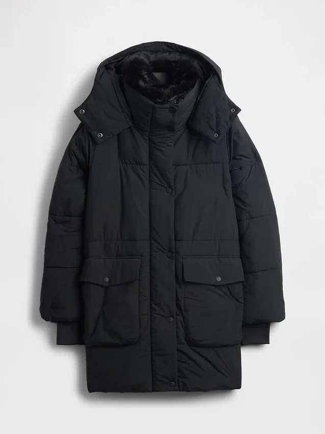 Suni Kürk Süslemeli Midi Puffer Ceket