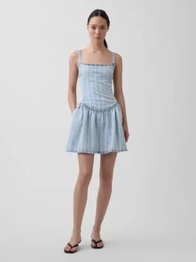 Ultra Yumuşak Denim Çizgili Düşük Bel Mini Elbise