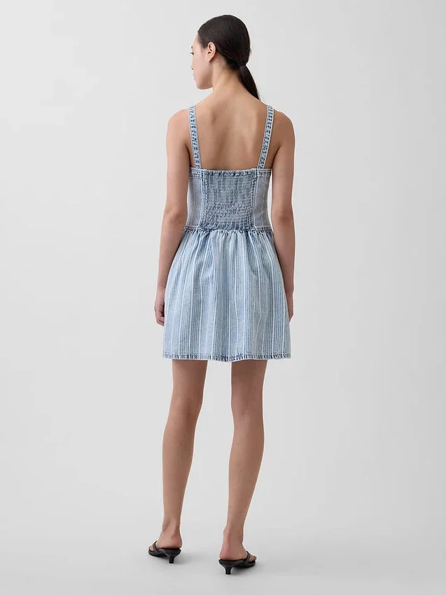 Ultra Yumuşak Denim Çizgili Düşük Bel Mini Elbise