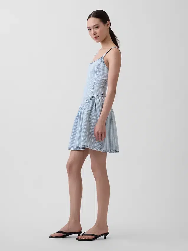 Ultra Yumuşak Denim Çizgili Düşük Bel Mini Elbise